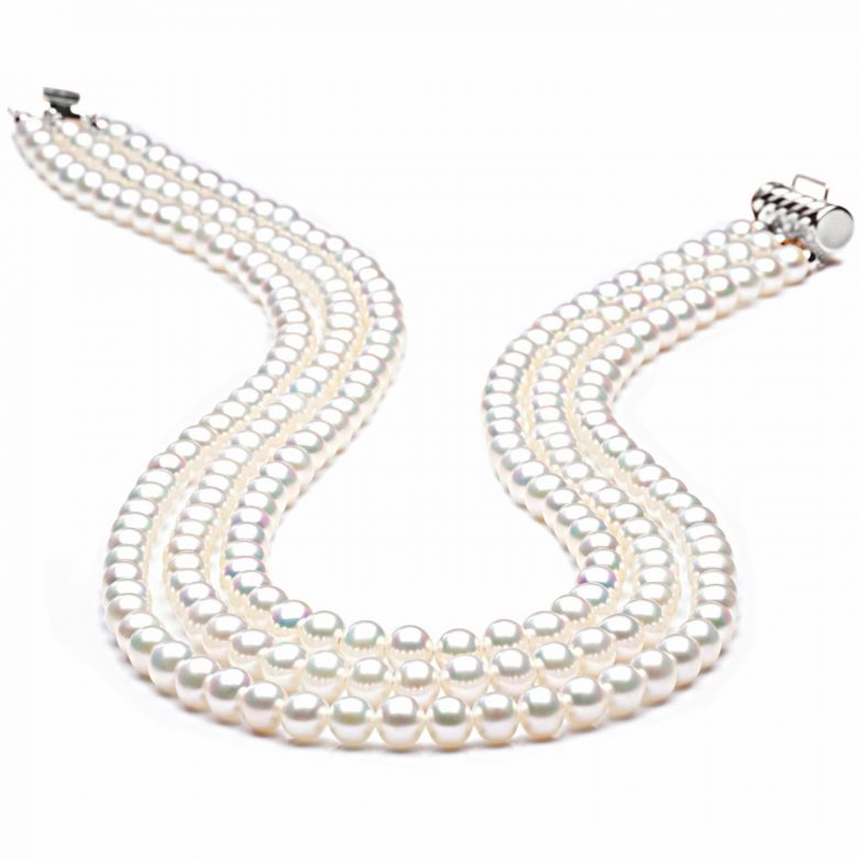 Collier perles 3 rangs mariage. Perle Blanche 5/5.5mm or blanc - 1