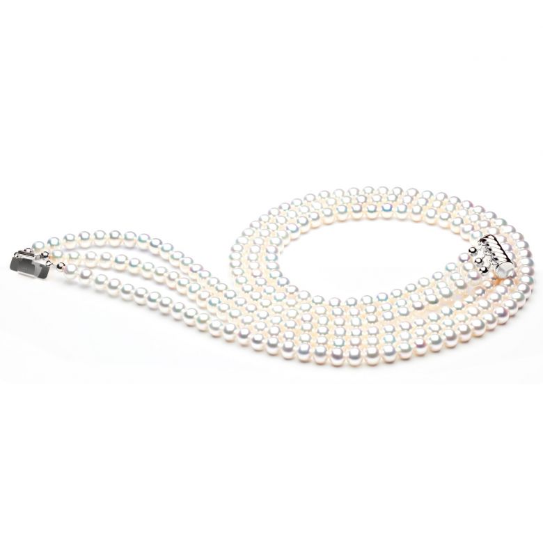Collier perles 3 rangs mariage. Perle Blanche 5/5.5mm or blanc - 3