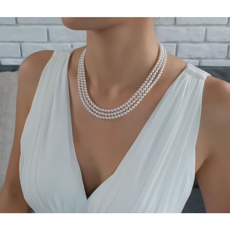 Collier perles 3 rangs mariage. Perle Blanche 5/5.5mm or blanc - 5