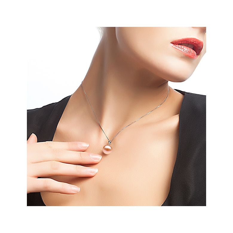 Collier une perle rose - Pendentif or blanc - 2