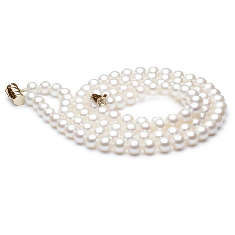 Collier double fil, rang de perles - Perle eau douce blanche - 7/7.5mm or jaune - 1