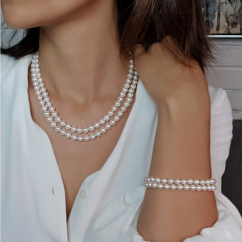 Collier double fil, rang de perles - Perle eau douce blanche - 7/7.5mm or jaune - 3