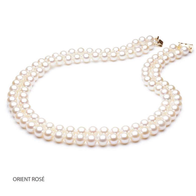 Collier double fil, rang de perles - Perle eau douce blanche - 7/7.5mm or jaune - 9