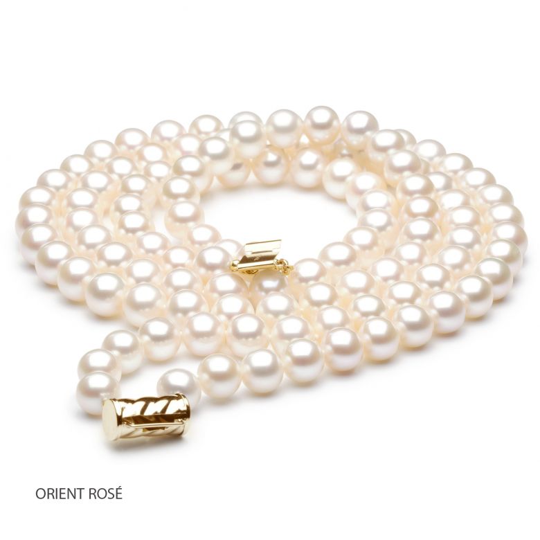 Collier double fil, rang de perles - Perle eau douce blanche - 7/7.5mm or jaune - 7