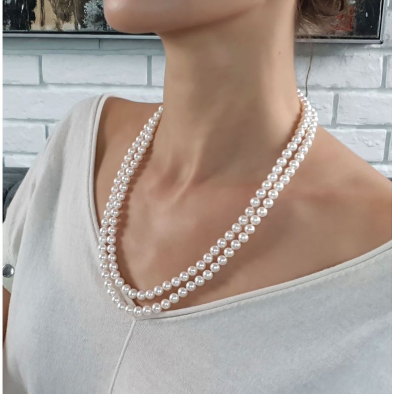 Collier double fil, rang de perles - Perle eau douce blanche - 7/7.5mm or jaune - 5