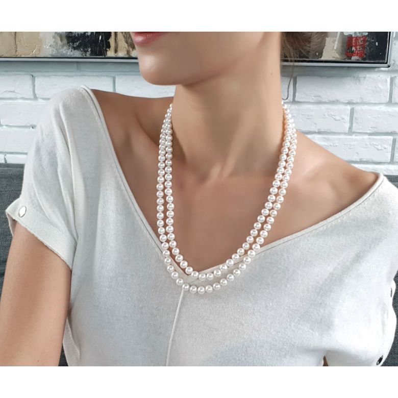 Collier double fil, rang de perles - Perle eau douce blanche - 7/7.5mm or jaune - 2