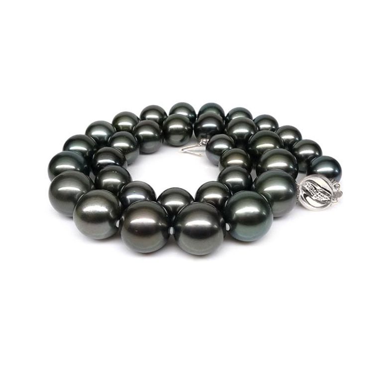 Collier perles Tahiti noires - Perle de culture Pacifique - 11/13mm or blanc - 1