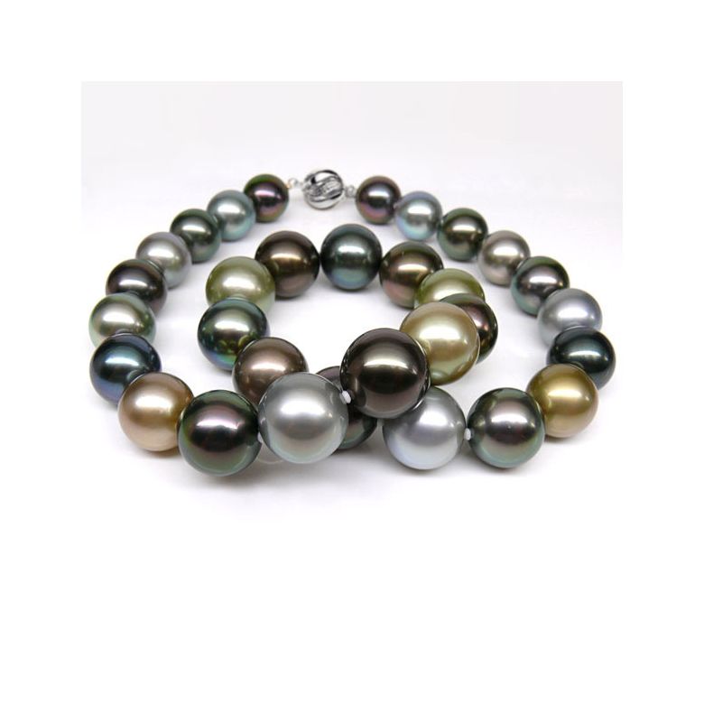 Collier perle Tahiti - Perles de culture multicolores - 12/14mm, AAA or blanc - 3