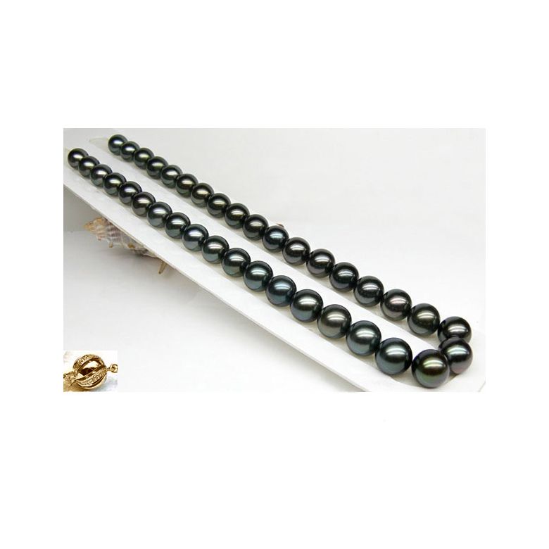 Perle noire collier - Perles de Tahiti 10/11mm - Perles de culture AAA or jaune - 3