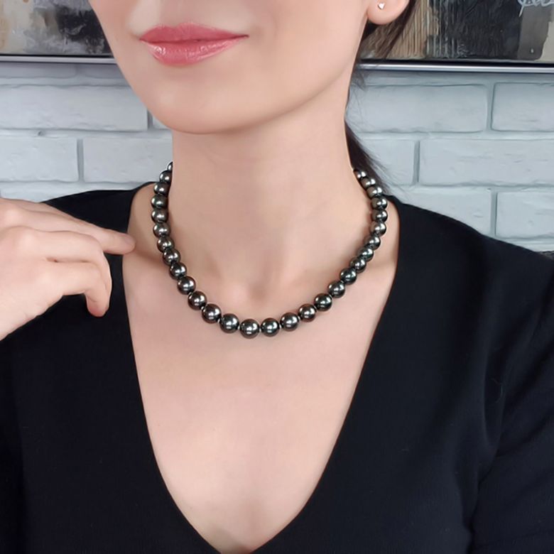 Perle noire collier - Perles de Tahiti 10/11mm - Perles de culture AAA or jaune - 8