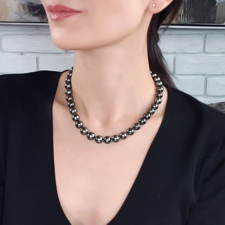 Perle noire collier - Perles de Tahiti 10/11mm - Perles de culture AAA or jaune - 9