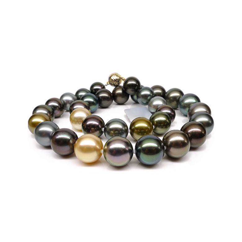 Collier en perles de Tahiti multicolores - Perle de culture - 12/14mm or jaune - 2