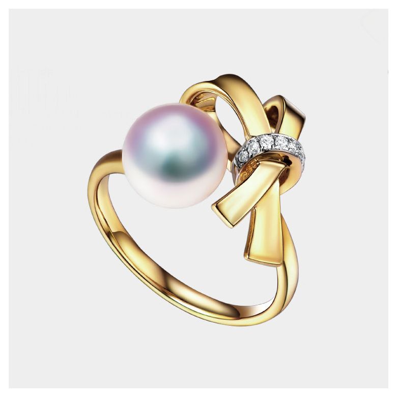 Bague Noeud avec Ganse. Perle Akoya, Or jaune et Diamants - 5