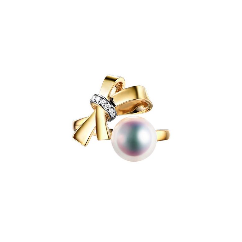 Bague Noeud avec Ganse. Perle Akoya, Or jaune et Diamants - 1