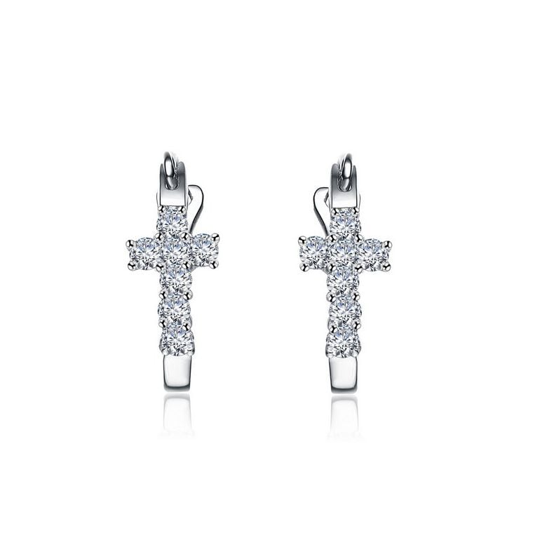 Boucles d'oreilles dormeuses religieuses. Croix diamants Or blanc  - 1