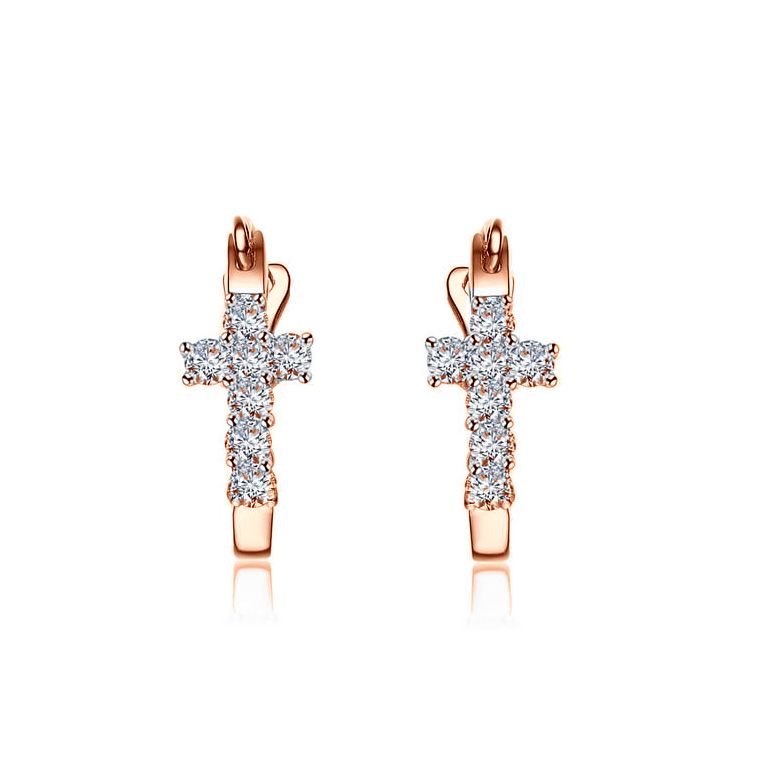 Boucles d'oreilles dormeuses religieuses. Croix diamants Or rose  - 1