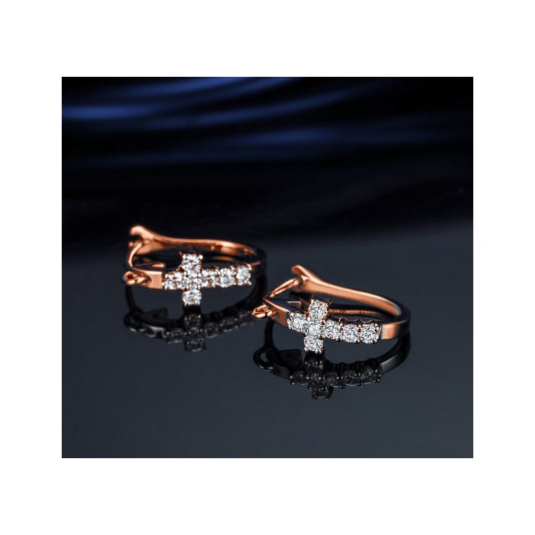 Boucles d'oreilles dormeuses religieuses. Croix diamants Or rose  - 4