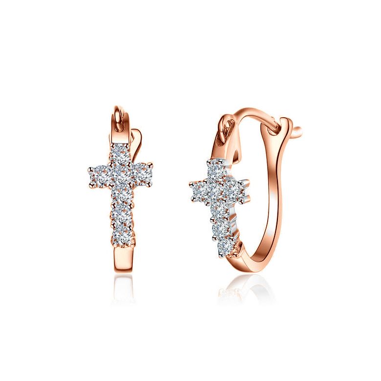 Boucles d'oreilles dormeuses religieuses. Croix diamants Or rose  - 5