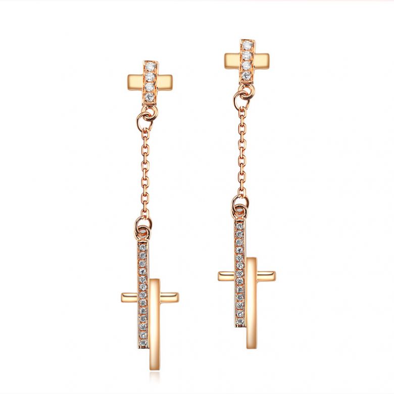 Boucles oreilles croix pendante Or rose diamants 0.21ct - 1