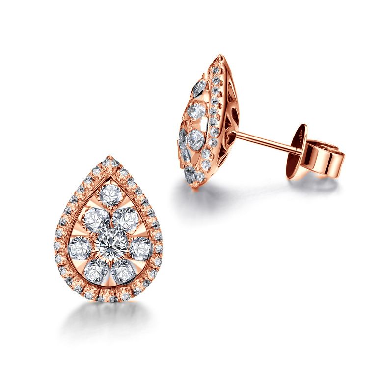 Boucles Oreilles goutte diamants. Or rose 18cts. Diamants 0.60ct - 6