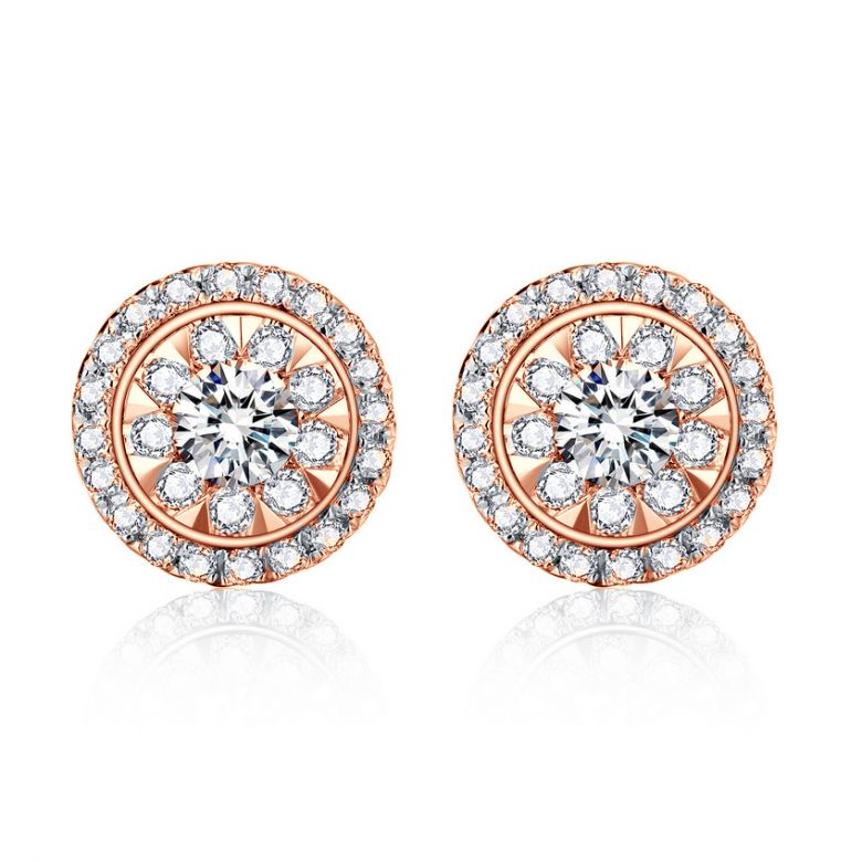 Boucles Oreilles Puces Pavées. Diamants 0.80ct fleurs. Or rose 18cts - 1