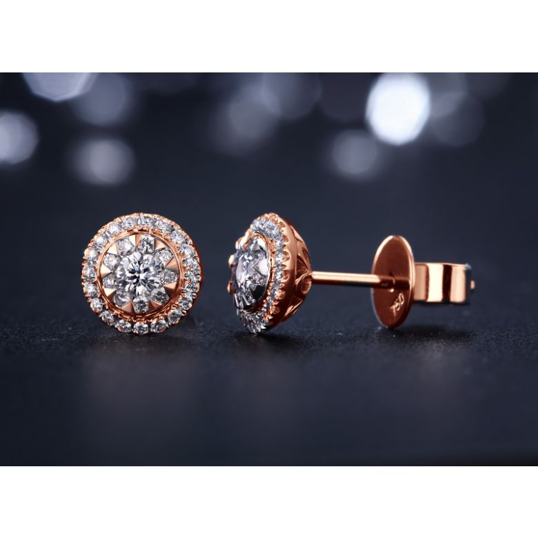 Boucles Oreilles Puces Pavées. Diamants 0.80ct fleurs. Or rose 18cts - 2