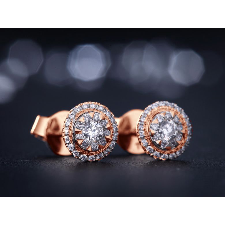 Boucles Oreilles Puces Pavées. Diamants 0.80ct fleurs. Or rose 18cts - 3
