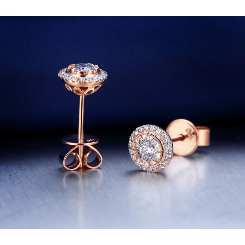 Boucles Oreilles Puces Pavées. Diamants 0.80ct fleurs. Or rose 18cts - 4