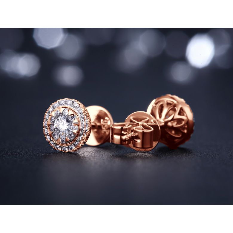 Boucles Oreilles Puces Pavées. Diamants 0.80ct fleurs. Or rose 18cts - 5