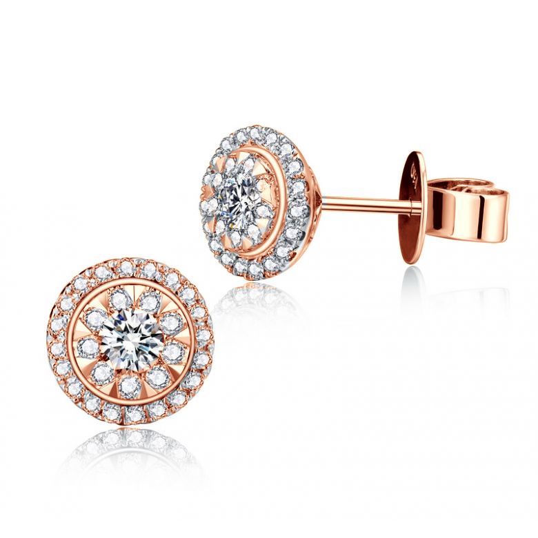 Boucles Oreilles Puces Pavées. Diamants 0.80ct fleurs. Or rose 18cts - 6