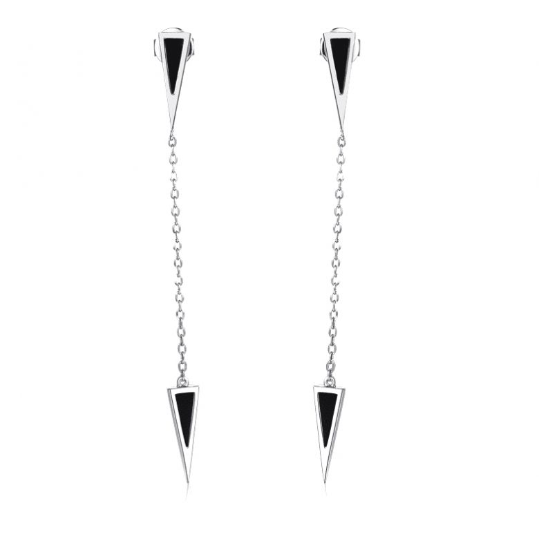 Pendants d'oreilles Or blanc et agates noires. Chaînettes - 1