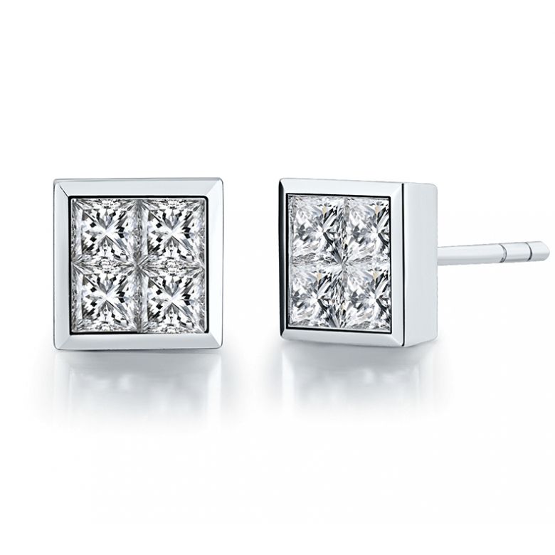 Boucles puces diamants princesse 0.40ct. Or blanc. Personnalisable - 1