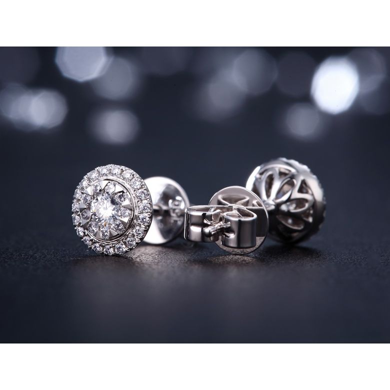 Boucles Oreilles Puces Pavées. Diamants 0.80ct fleurs. Or blanc 18cts - 6