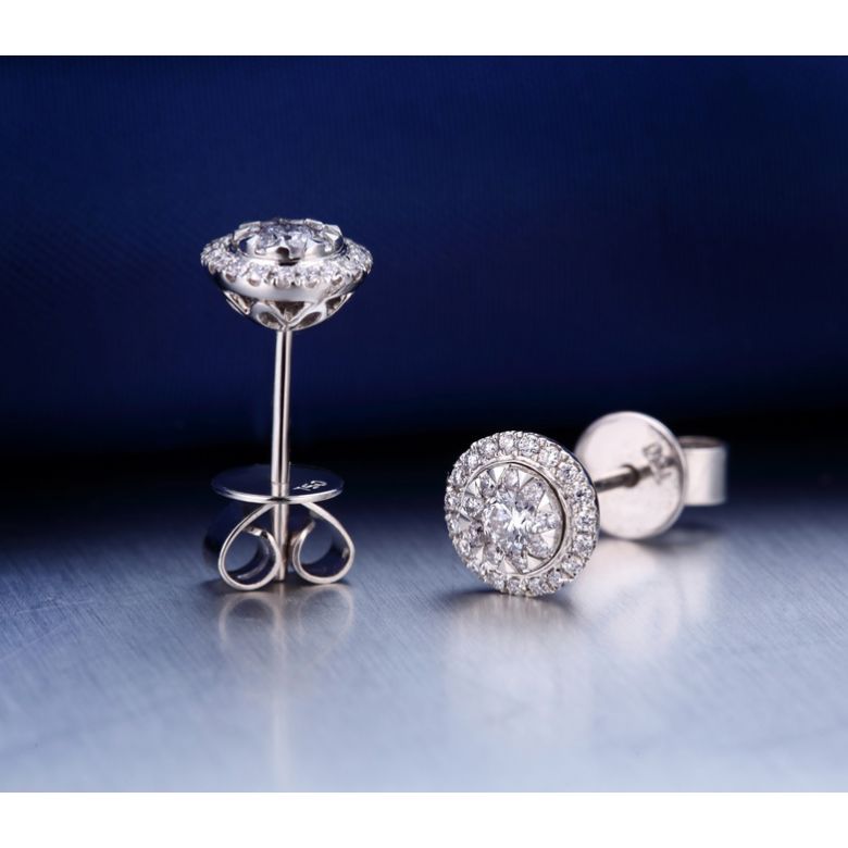 Boucles Oreilles Puces Pavées. Diamants 0.80ct fleurs. Or blanc 18cts - 5