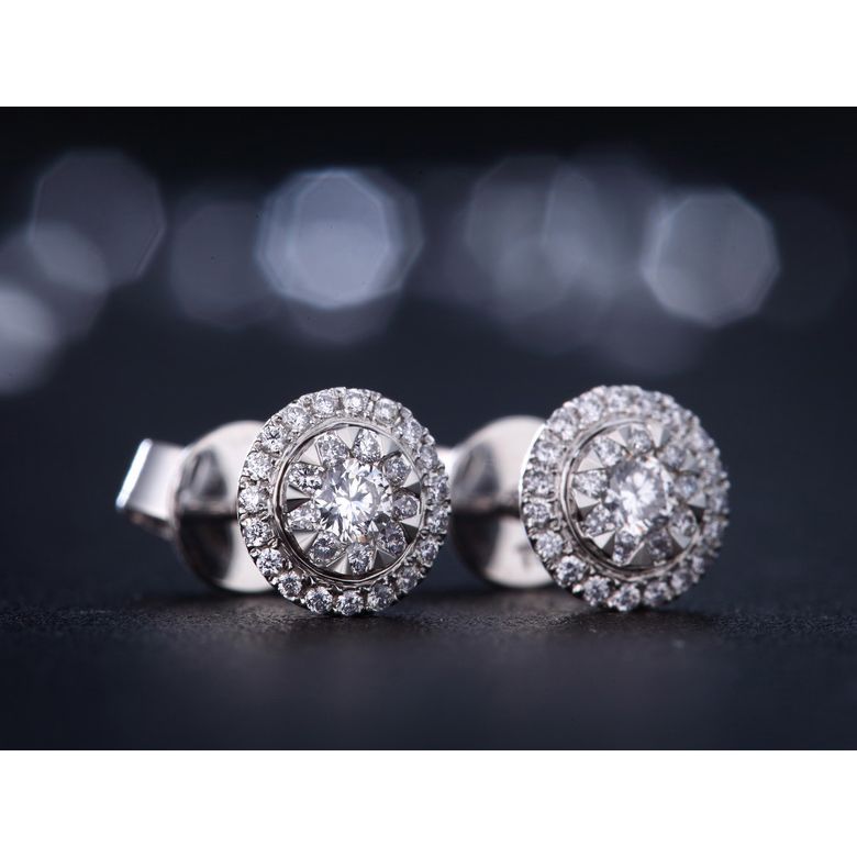 Boucles Oreilles Puces Pavées. Diamants 0.80ct fleurs. Or blanc 18cts - 4