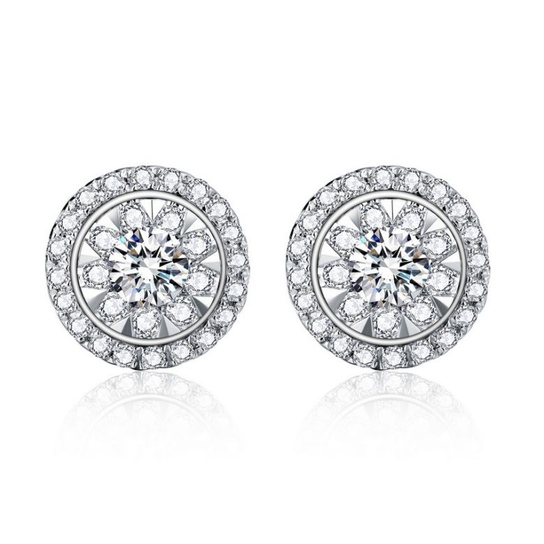 Boucles Oreilles Puces Pavées. Diamants 0.80ct fleurs. Or blanc 18cts - 1