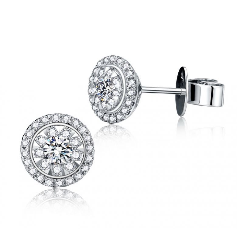 Boucles Oreilles Puces Pavées. Diamants 0.80ct fleurs. Or blanc 18cts - 8