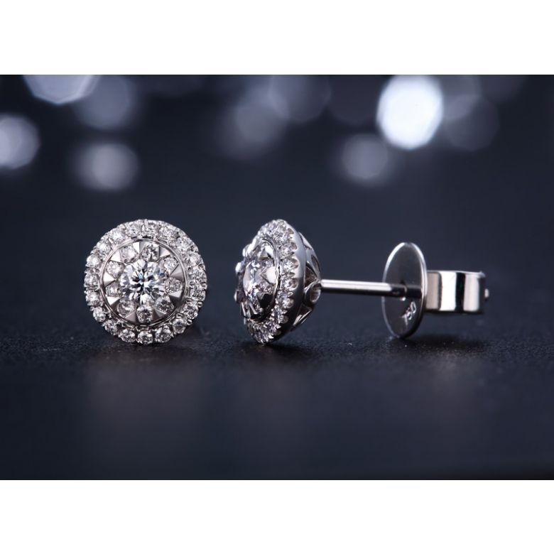 Boucles Oreilles Puces Pavées. Diamants 0.80ct fleurs. Or blanc 18cts - 3