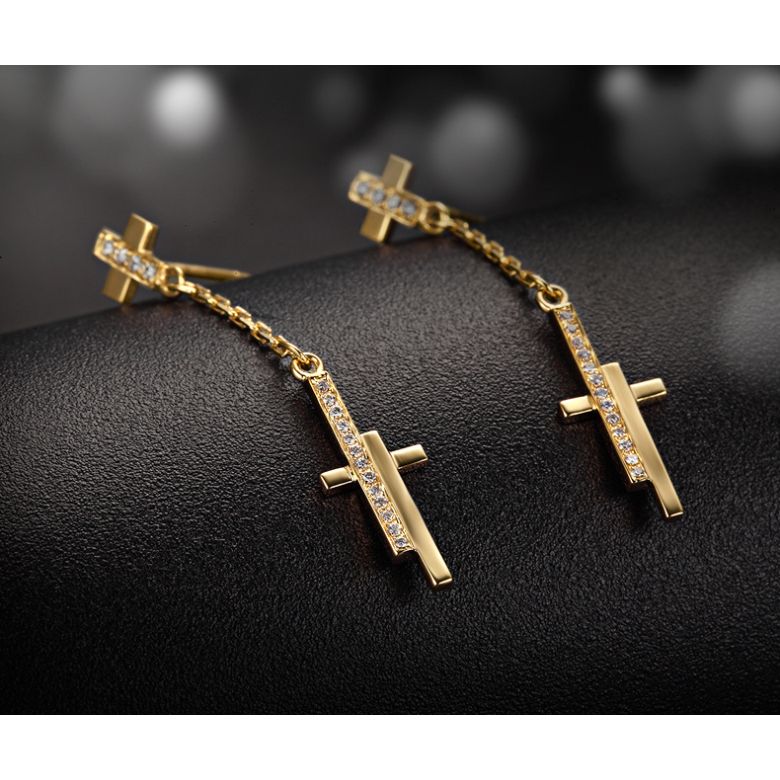 Boucles oreilles croix pendante Or jaune diamants 0.21ct - 2