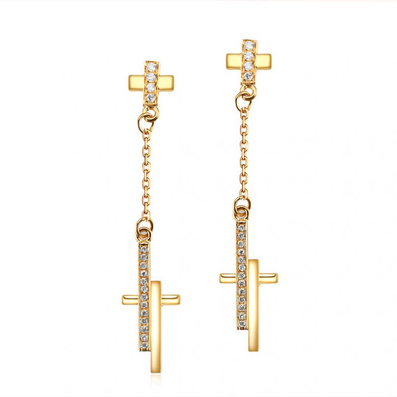 Boucles oreilles croix pendante Or jaune diamants 0.21ct - 1
