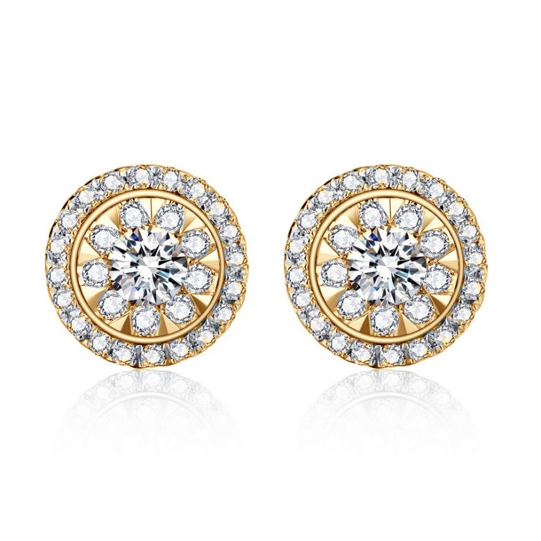 Boucles Oreilles Puces Pavées. Diamants 0.80ct fleurs. Or jaune 18cts - 1