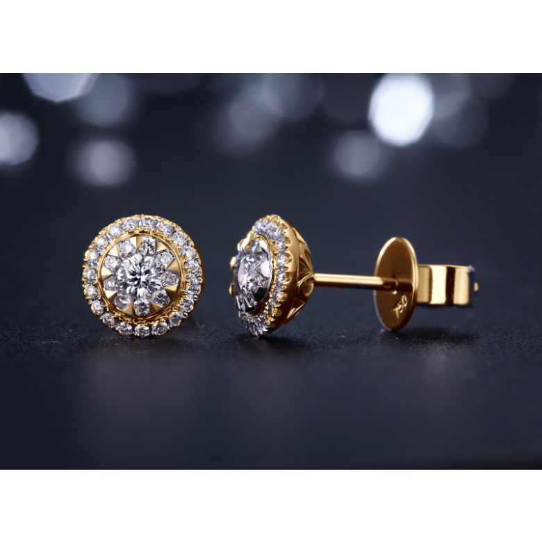 Boucles Oreilles Puces Pavées. Diamants 0.80ct fleurs. Or jaune 18cts - 2