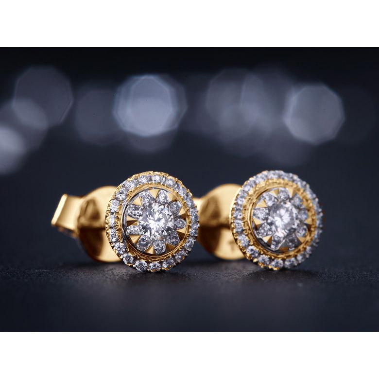 Boucles Oreilles Puces Pavées. Diamants 0.80ct fleurs. Or jaune 18cts - 3
