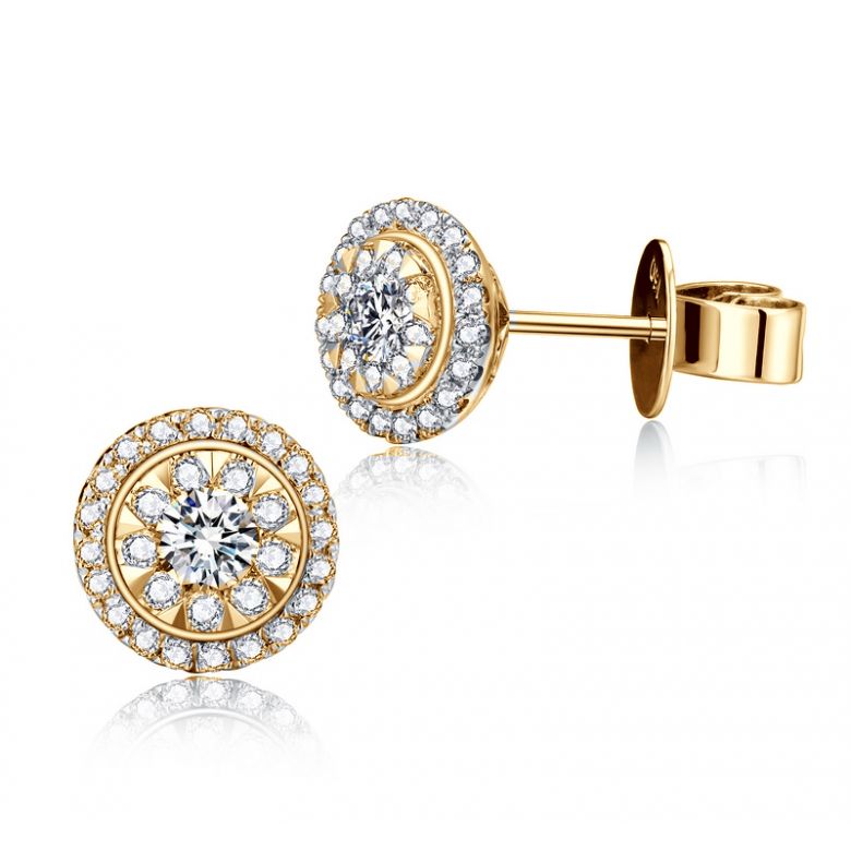 Boucles Oreilles Puces Pavées. Diamants 0.80ct fleurs. Or jaune 18cts - 6