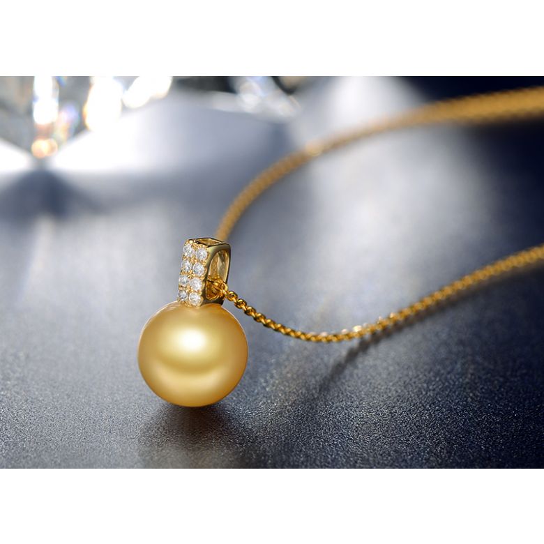 Pendentif bélière rectangulaire or jaune, diamants. Perle d'Australie dorée - 2