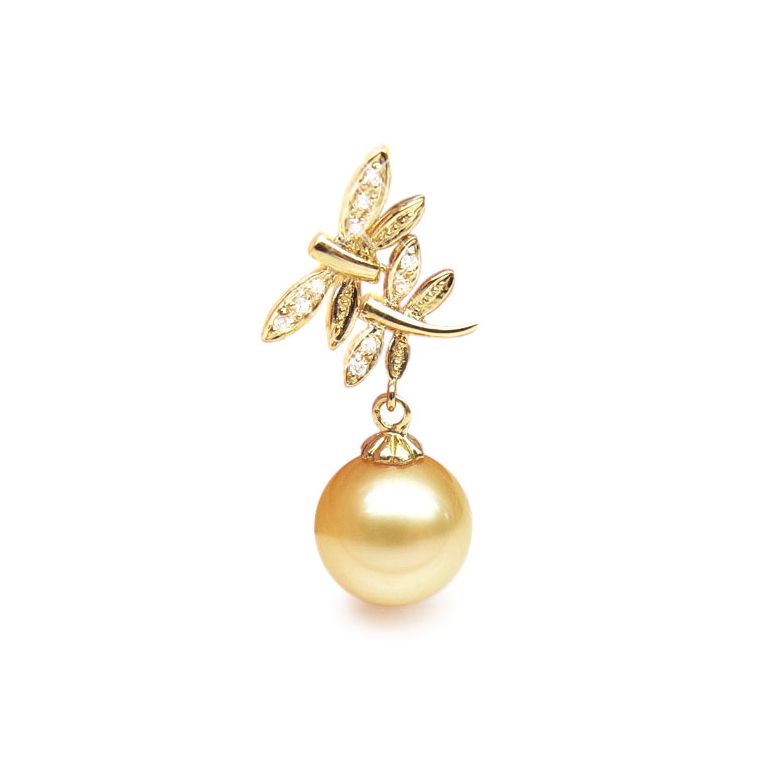 Pendentif libellule - Couple de libellules - Perle Australie, or jaune - 1