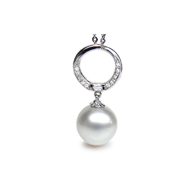 Pendentif anneau or blanc diamanté - Perle d'Australie blanche - 1