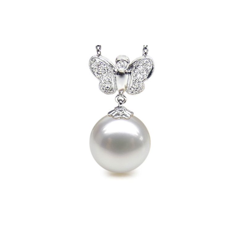 Pendentif papillon or blanc - Perle d'Australie blanche - Diamants - 1
