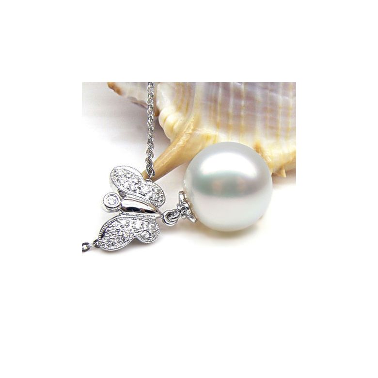 Pendentif papillon or blanc - Perle d'Australie blanche - Diamants - 2