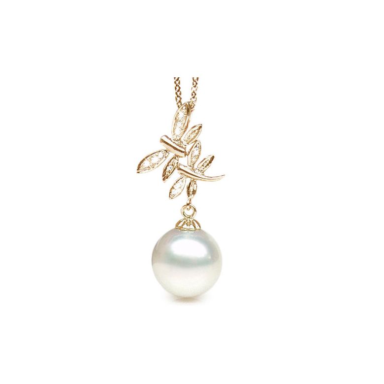Pendentif libellules - Perle d'Australie blanche - Or jaune, diamants - 1